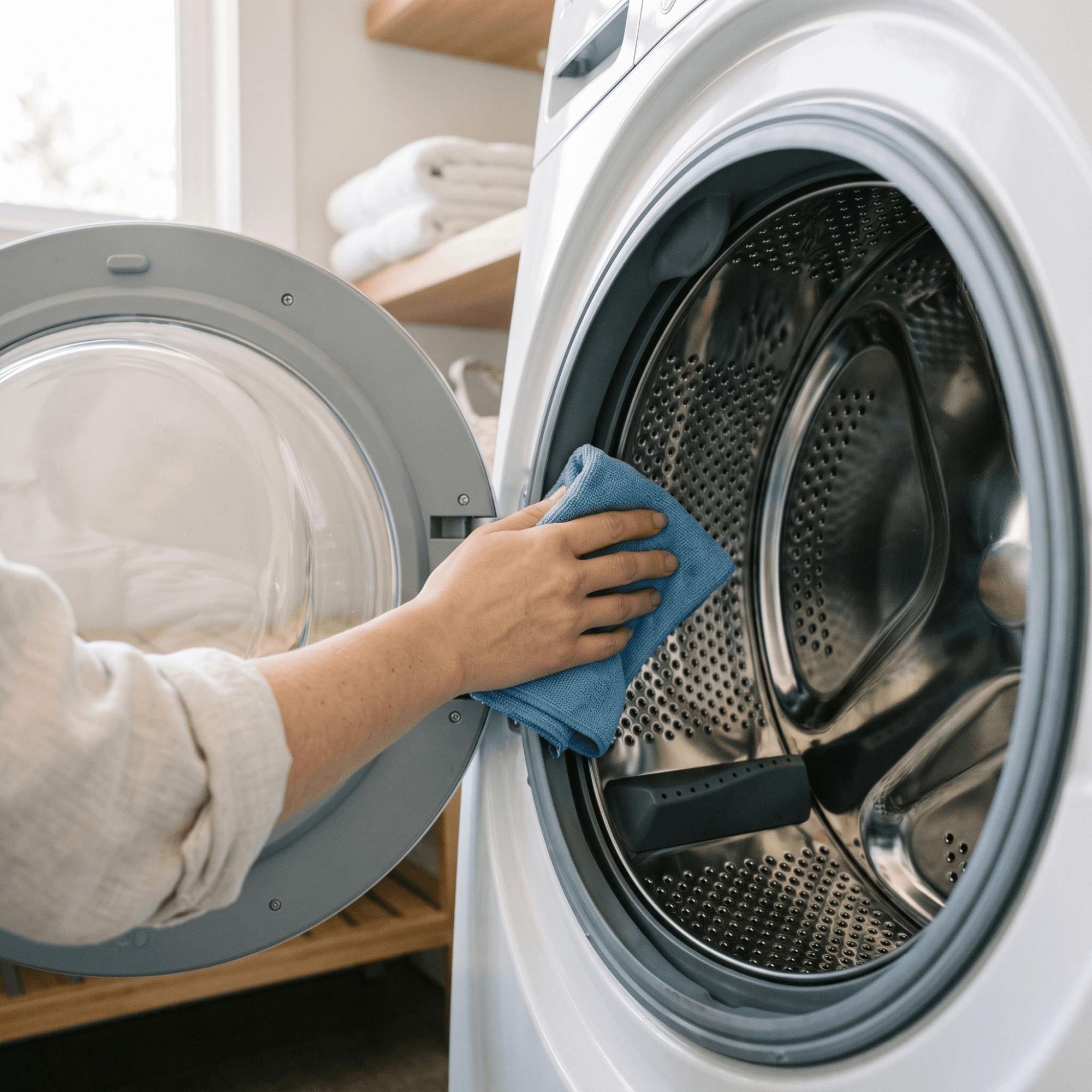 Technician inspecting washing machine drum