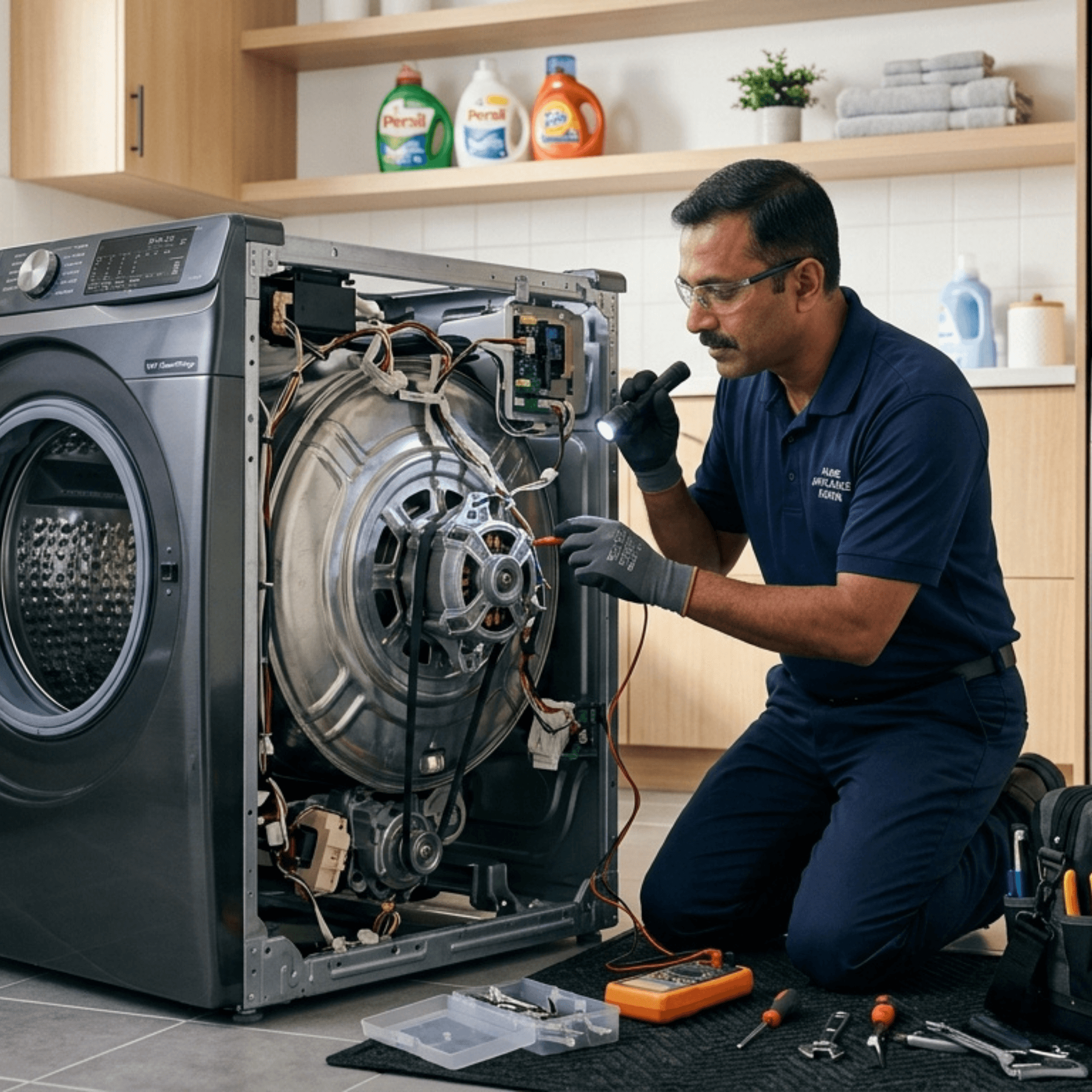 Technician inspecting noisy washing machine