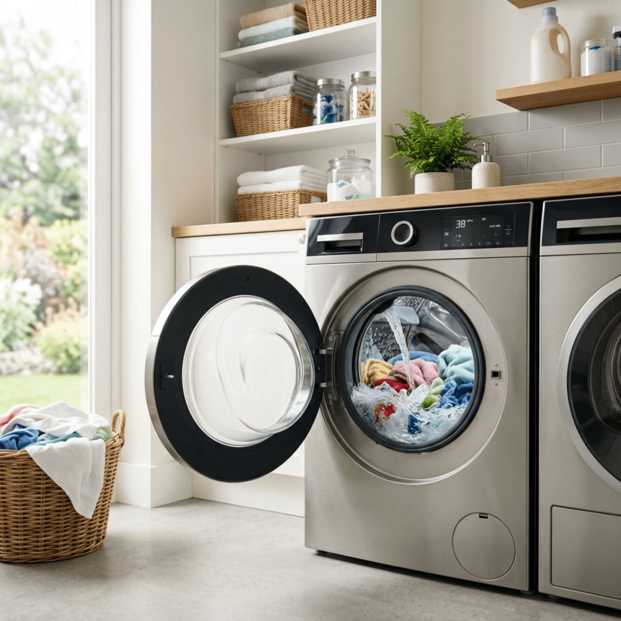 Technician testing washing machine power fault